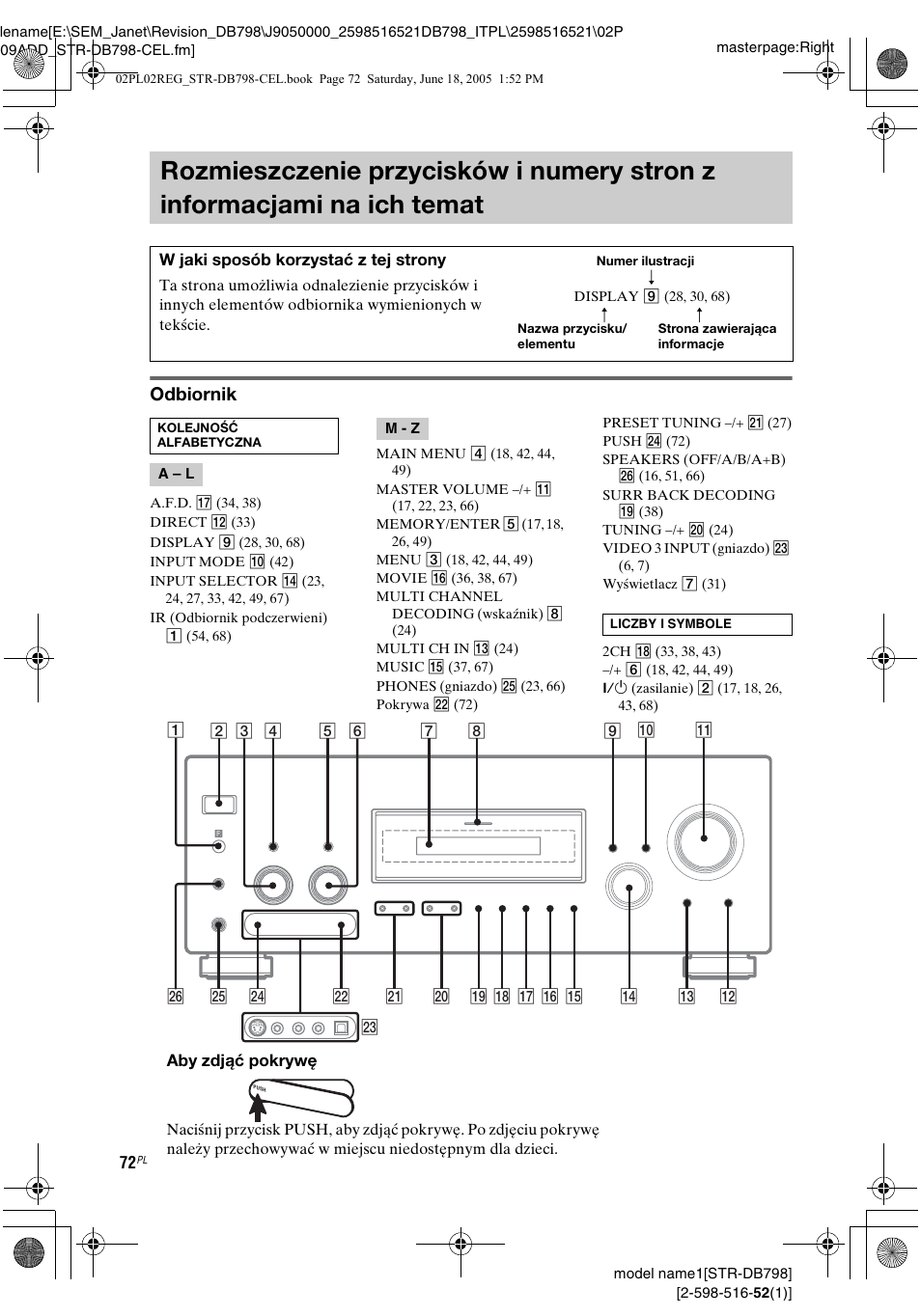 Rozmieszczenie przycisków i, Numery stron z informacjami na ich temat, Odbiornik | Sony STR-DB798 User Manual | Page 140 / 144