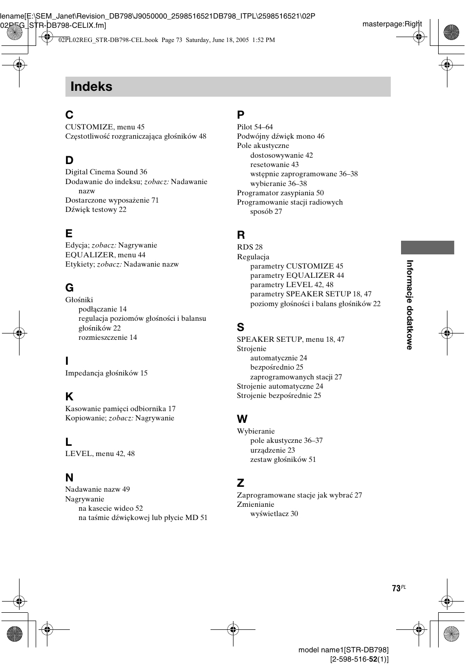 Indeks | Sony STR-DB798 User Manual | Page 141 / 144