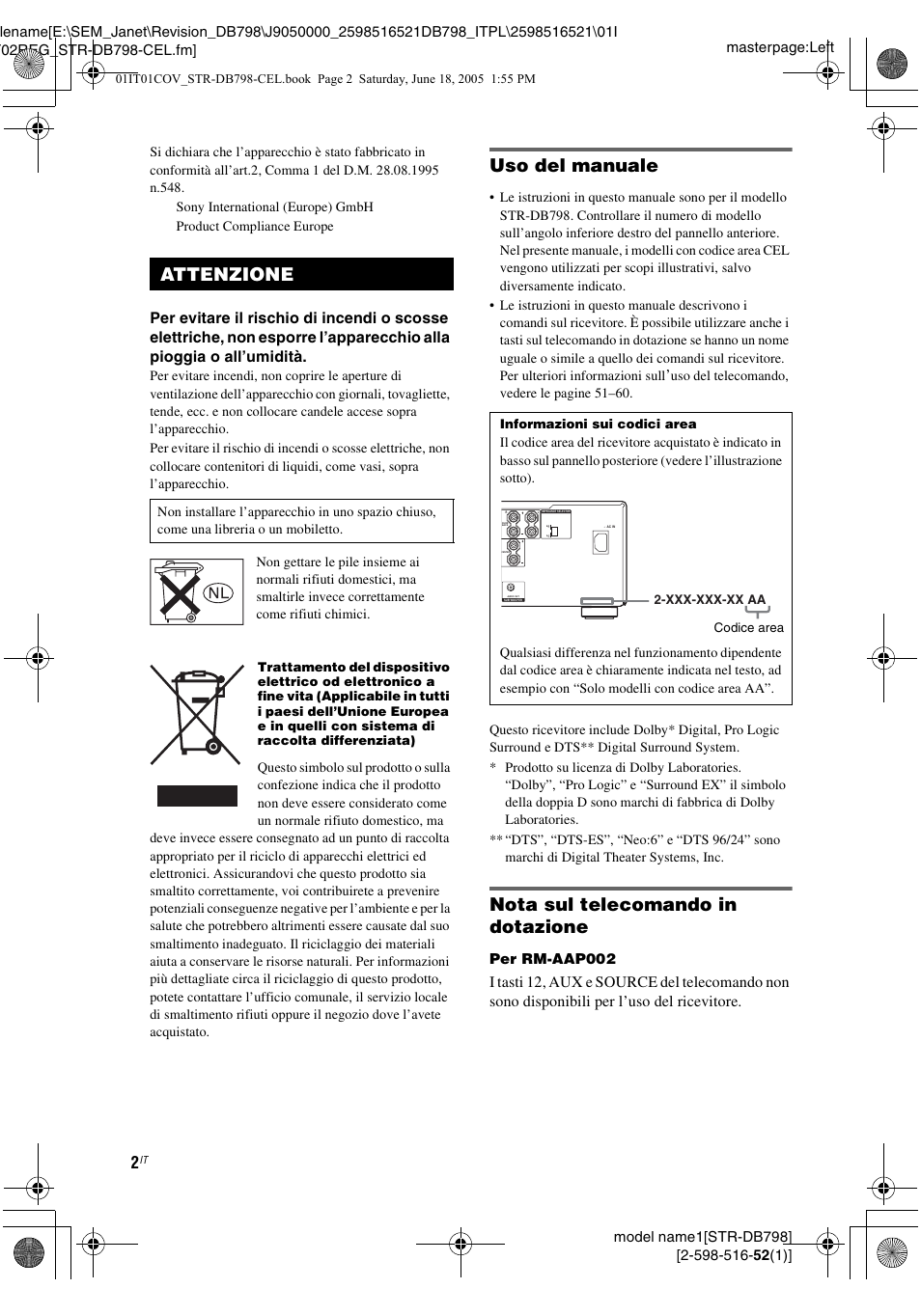 Italian, Uso del manuale, Nota sul telecomando in dotazione | Attenzione | Sony STR-DB798 User Manual | Page 2 / 144