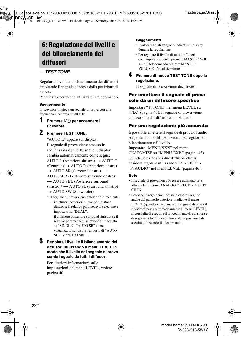 Test tone, Regolazione dei livelli e del, Bilanciamento dei diffusori — test tone | Sony STR-DB798 User Manual | Page 22 / 144