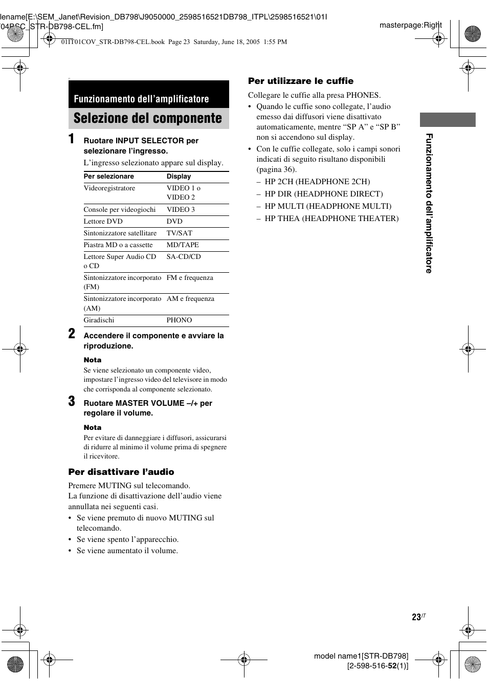 Funzionamento dell’amplificatore, Selezione del componente | Sony STR-DB798 User Manual | Page 23 / 144