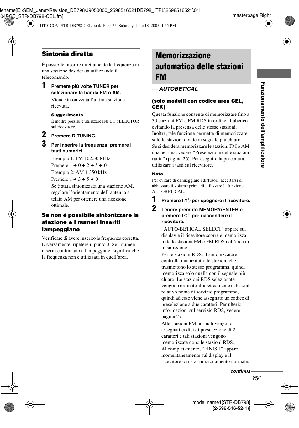 Memorizzazione automatica delle stazioni fm, Autobetical, Memorizzazione automatica delle | Sony STR-DB798 User Manual | Page 25 / 144
