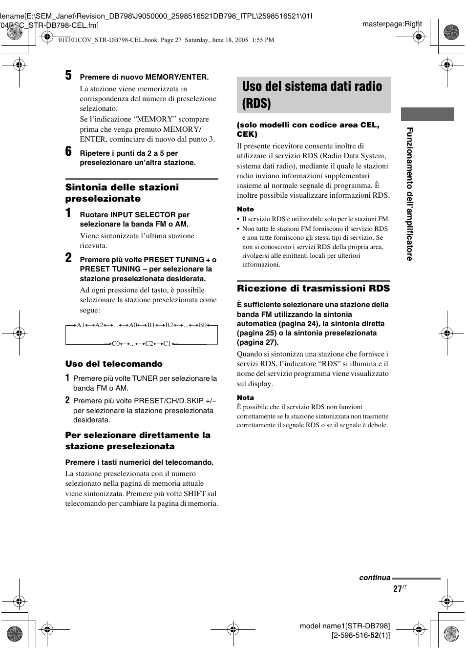 Uso del sistema dati radio (rds), Solo modelli con codice area cel, cek), Sintonia delle stazioni | Sony STR-DB798 User Manual | Page 27 / 144