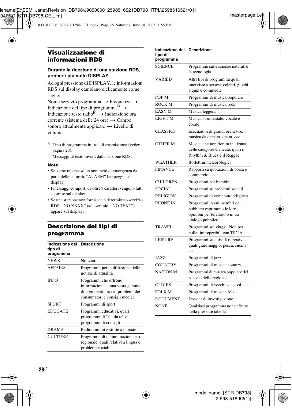 Visualizzazione di informazioni rds, Descrizione dei tipi di programma | Sony STR-DB798 User Manual | Page 28 / 144