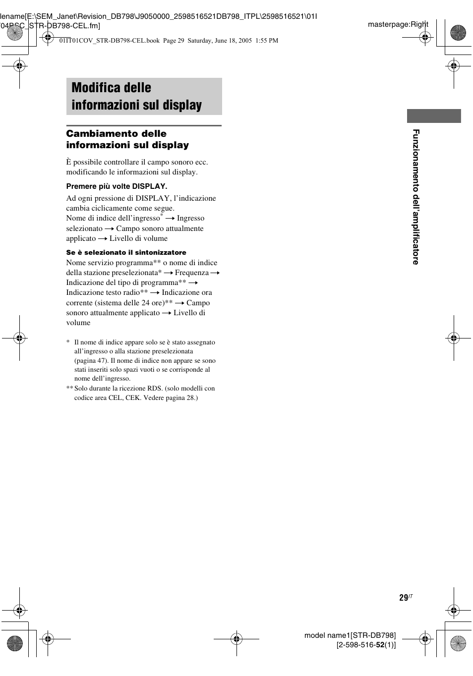 Modifica delle informazioni sul display, Modifica delle informazioni sul, Display | Sony STR-DB798 User Manual | Page 29 / 144