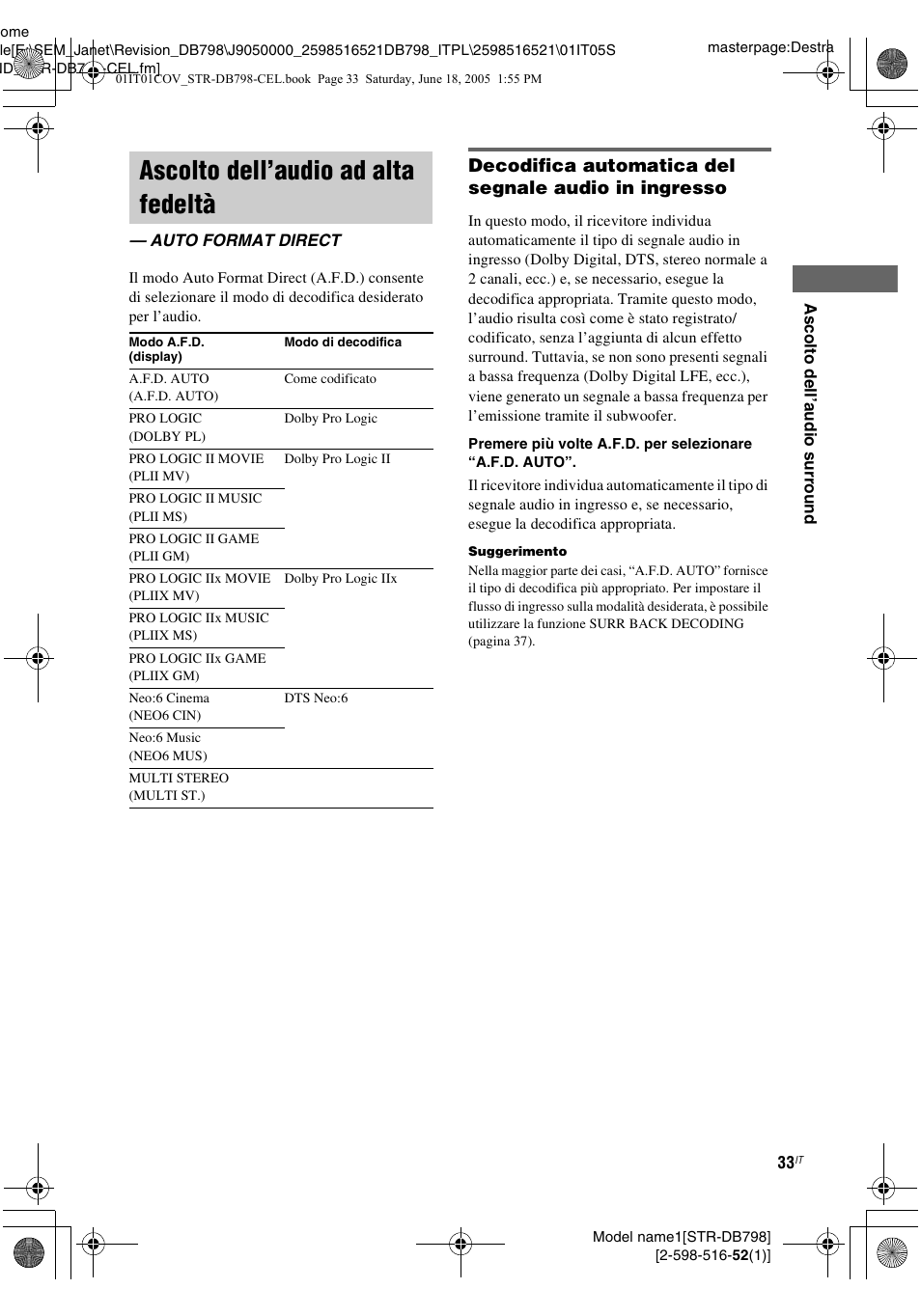Ascolto dell’audio ad alta fedeltà, Auto format direct | Sony STR-DB798 User Manual | Page 33 / 144