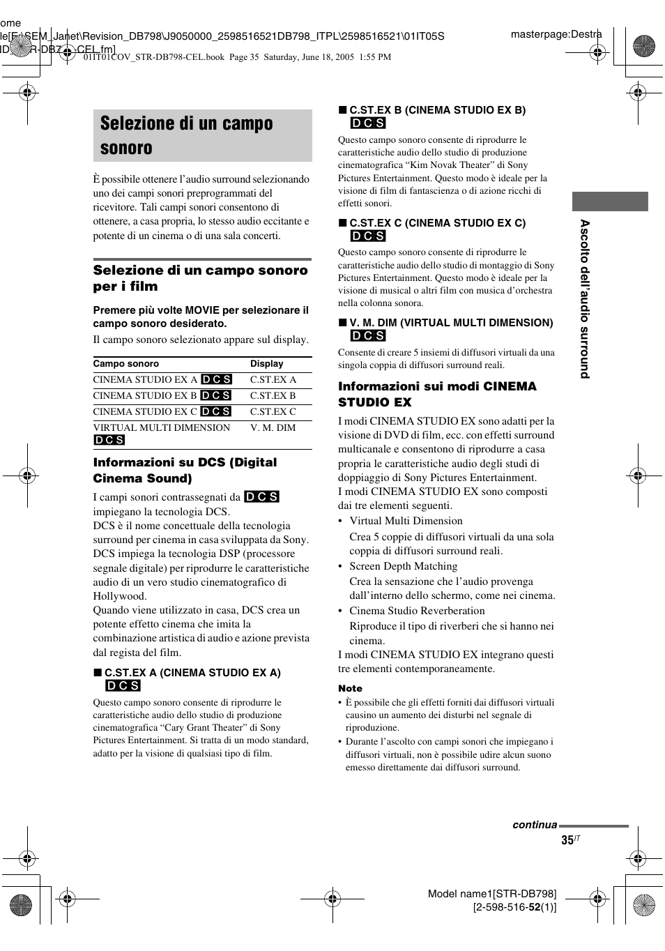 Selezione di un campo sonoro, Selezione di un campo sonoro per i film | Sony STR-DB798 User Manual | Page 35 / 144