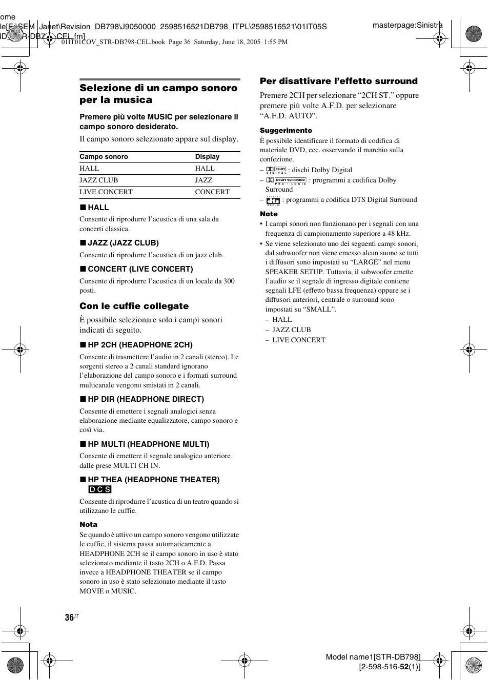 Selezione di un campo sonoro per la musica | Sony STR-DB798 User Manual | Page 36 / 144
