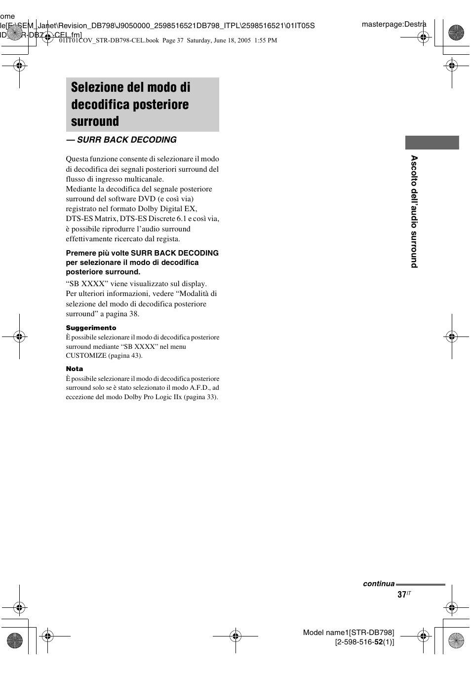 Surr back decoding, Selezione del modo di decodifica, Posteriore surround — surr back decoding | Sony STR-DB798 User Manual | Page 37 / 144