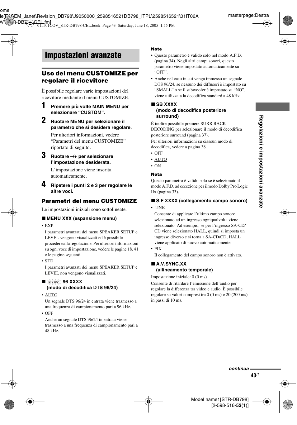 Impostazioni avanzate | Sony STR-DB798 User Manual | Page 43 / 144
