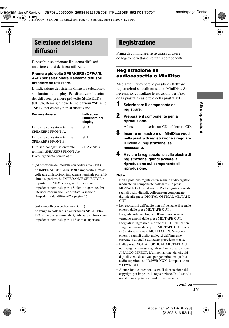 Selezione del sistema diffusori, Registrazione, Selezione del sistema diffusori registrazione | Sony STR-DB798 User Manual | Page 49 / 144