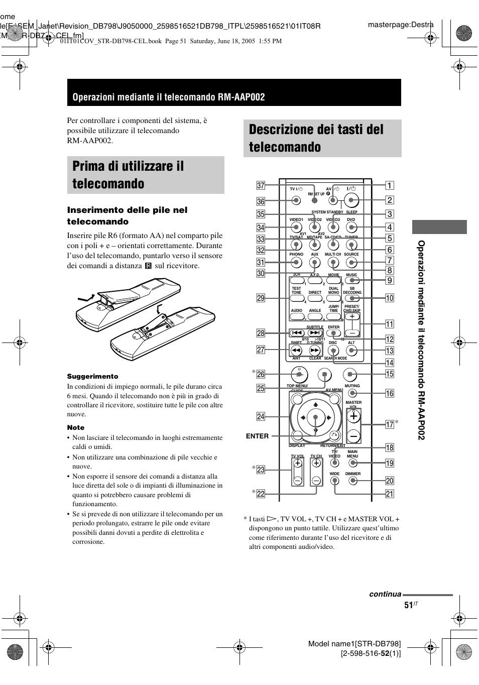 Operazioni mediante il telecomando rm-aap002, Prima di utilizzare il telecomando, Descrizione dei tasti del telecomando | Telecomando, Inserimento delle pile nel telecomando | Sony STR-DB798 User Manual | Page 51 / 144