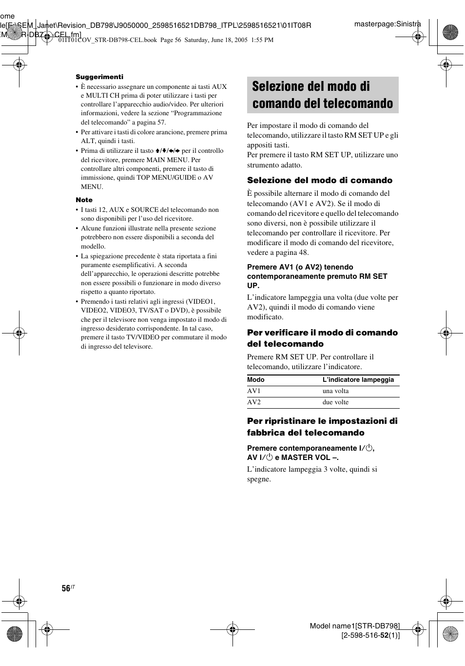 Selezione del modo di comando del telecomando, Selezione del modo di comando del, Telecomando | Sony STR-DB798 User Manual | Page 56 / 144