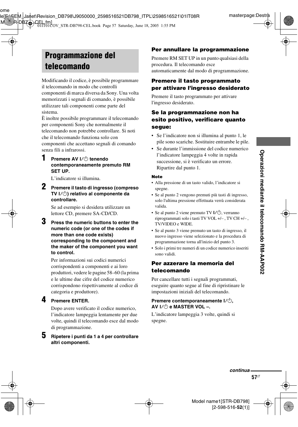 Programmazione del telecomando | Sony STR-DB798 User Manual | Page 57 / 144
