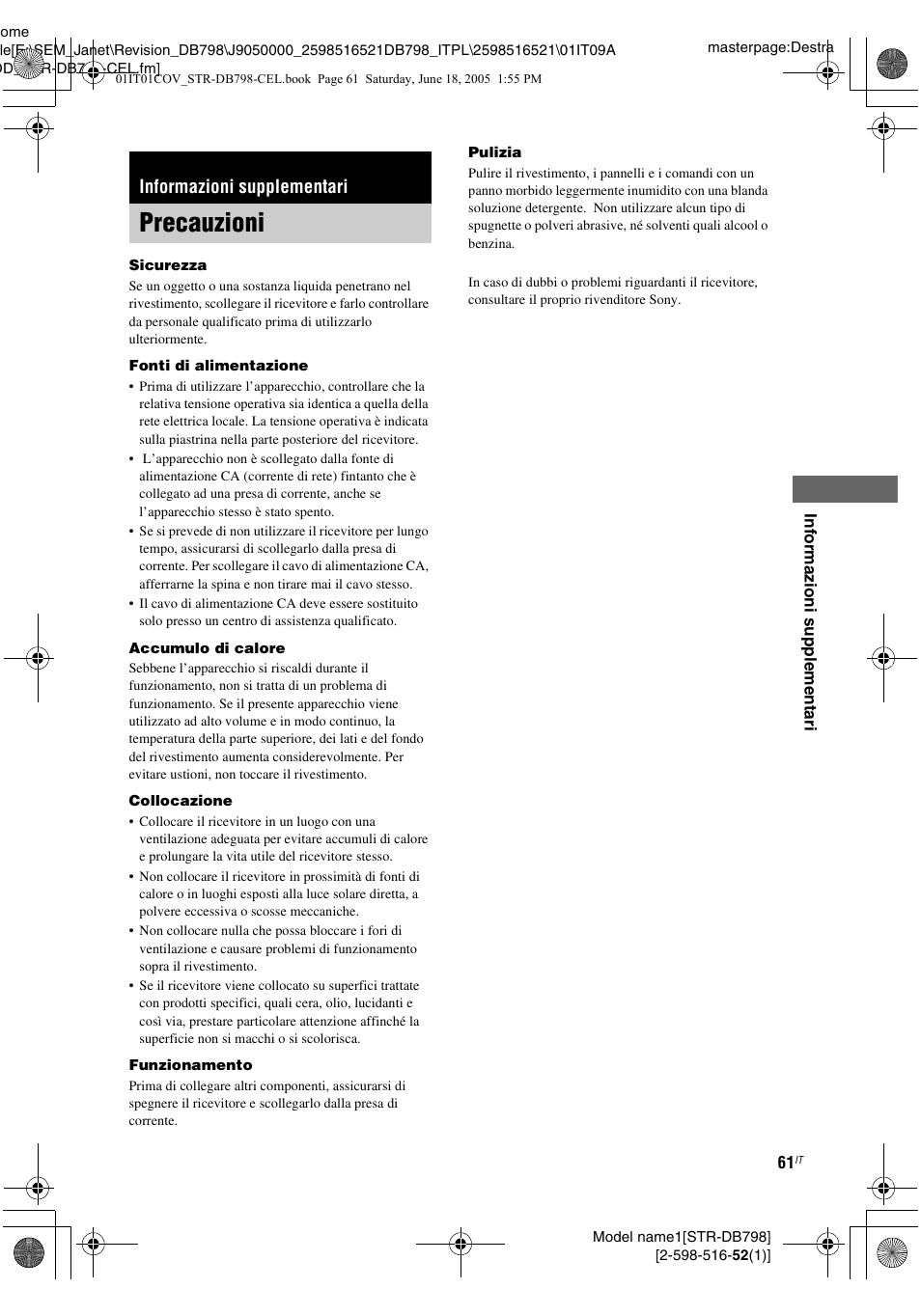 Informazioni supplementari, Precauzioni | Sony STR-DB798 User Manual | Page 61 / 144