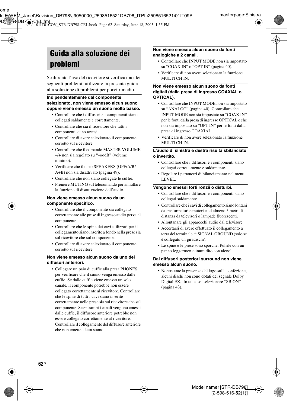 Guida alla soluzione dei problemi | Sony STR-DB798 User Manual | Page 62 / 144