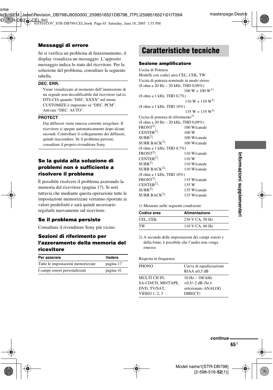 Caratteristiche tecniche | Sony STR-DB798 User Manual | Page 65 / 144