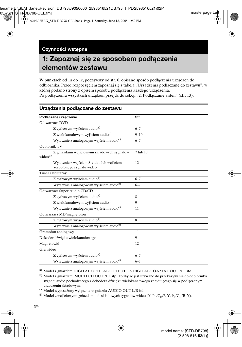 Czynności wstępne, Zapoznaj się ze sposobem, Podłączenia elementów zestawu | Urządzenia podłączane do zestawu | Sony STR-DB798 User Manual | Page 72 / 144