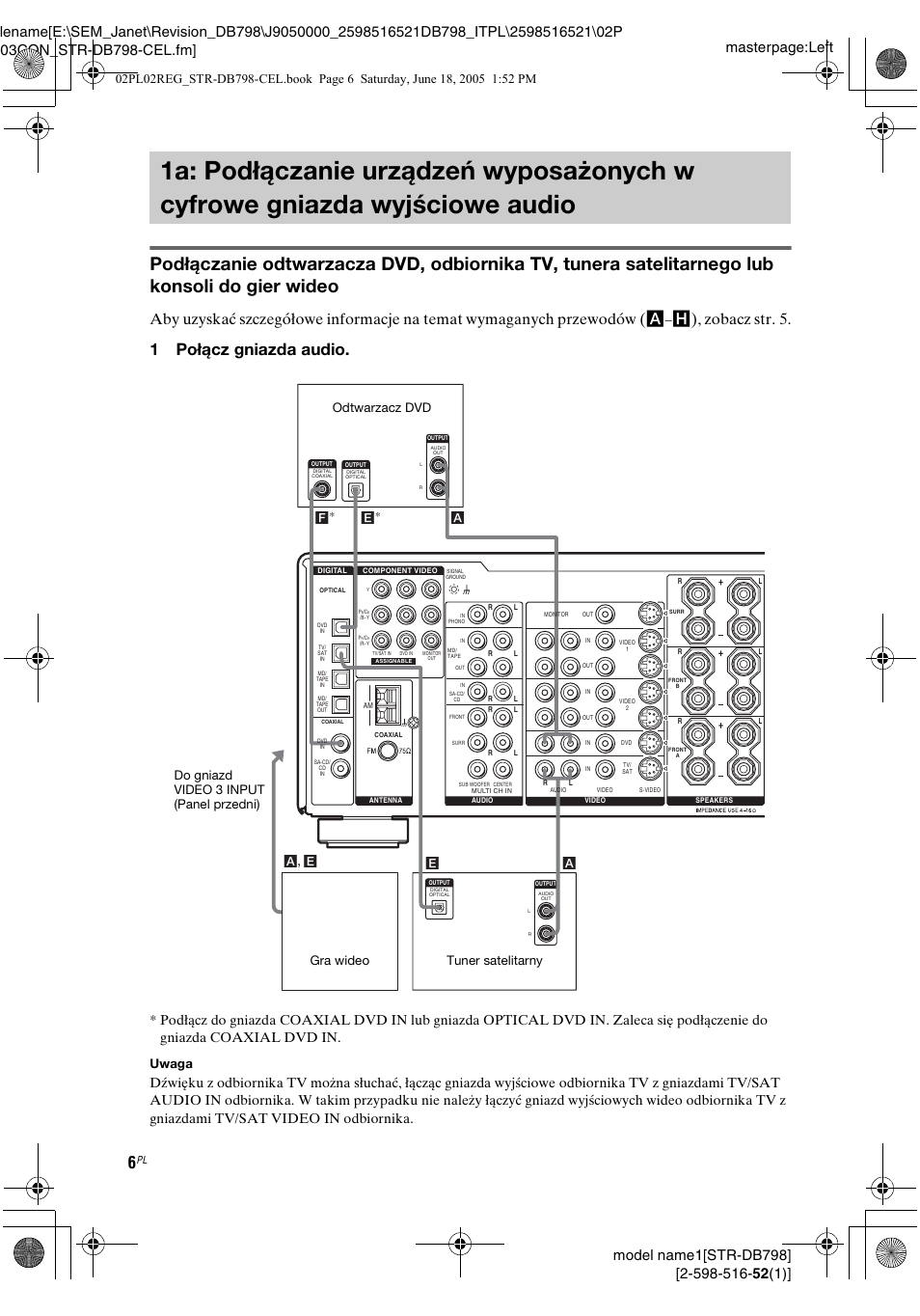 1a: podłączanie urządzeń, Wyposażonych w cyfrowe gniazda wyjściowe audio, 1połącz gniazda audio | H), zobacz str. 5, Uwaga, Af* e, A , e | Sony STR-DB798 User Manual | Page 74 / 144