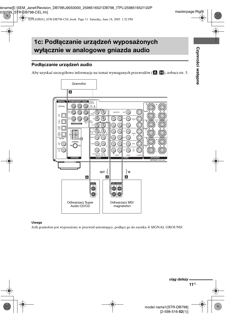 1c: podłączanie urządzeń, Wyposażonych wyłącznie w analogowe gniazda audio, Podłączanie urządzeń audio | H), zobacz str. 5, Ciąg dalszy, Uwaga, Al l in out a | Sony STR-DB798 User Manual | Page 79 / 144