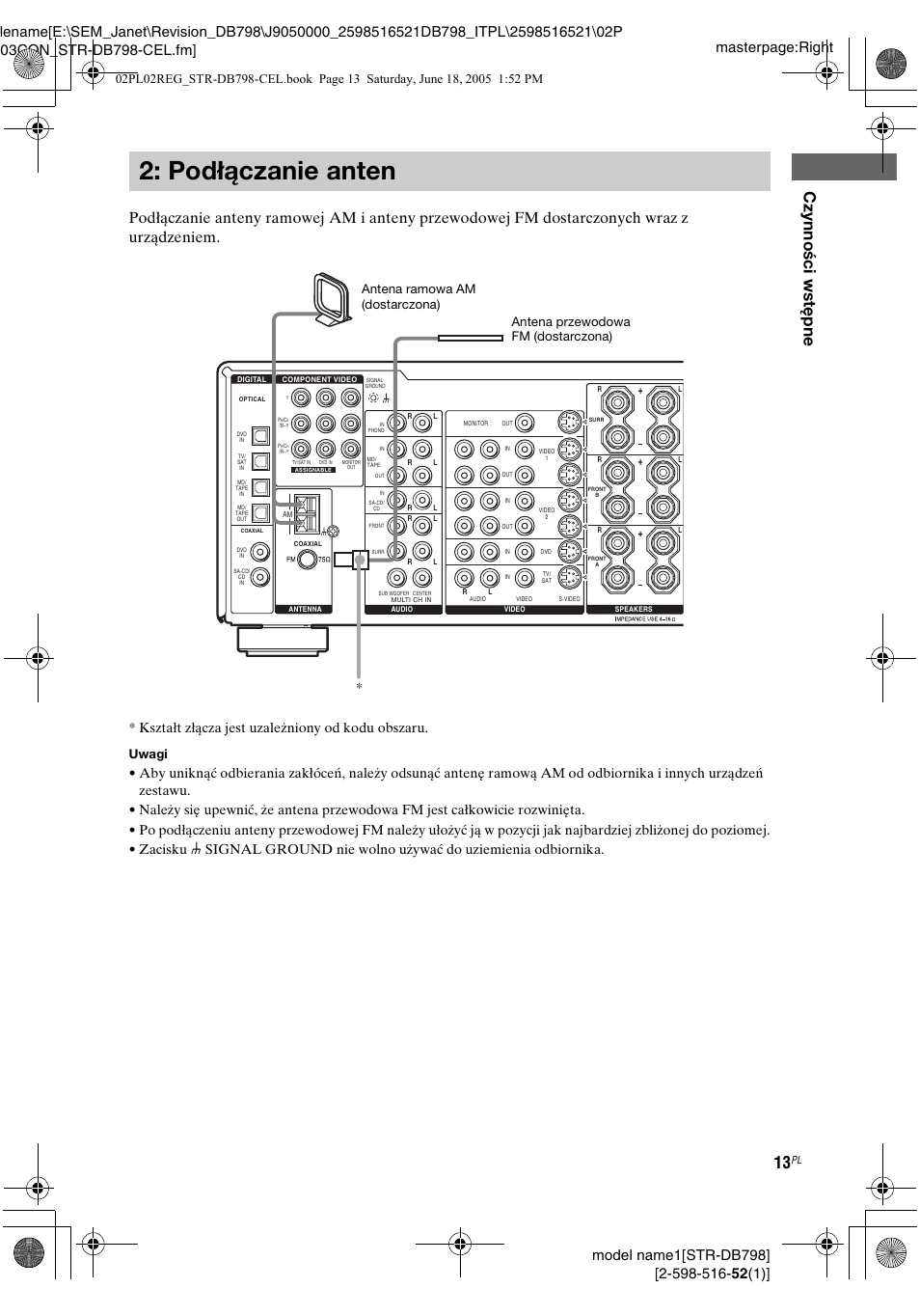 Podłączanie anten, Kształt złącza jest uzależniony od kodu obszaru, Uwagi | Sony STR-DB798 User Manual | Page 81 / 144