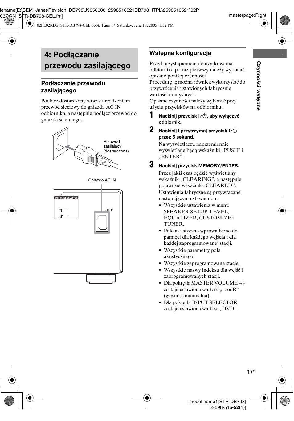 Podłączanie przewodu zasilającego, Podłączanie przewodu, Zasilającego | Sony STR-DB798 User Manual | Page 85 / 144