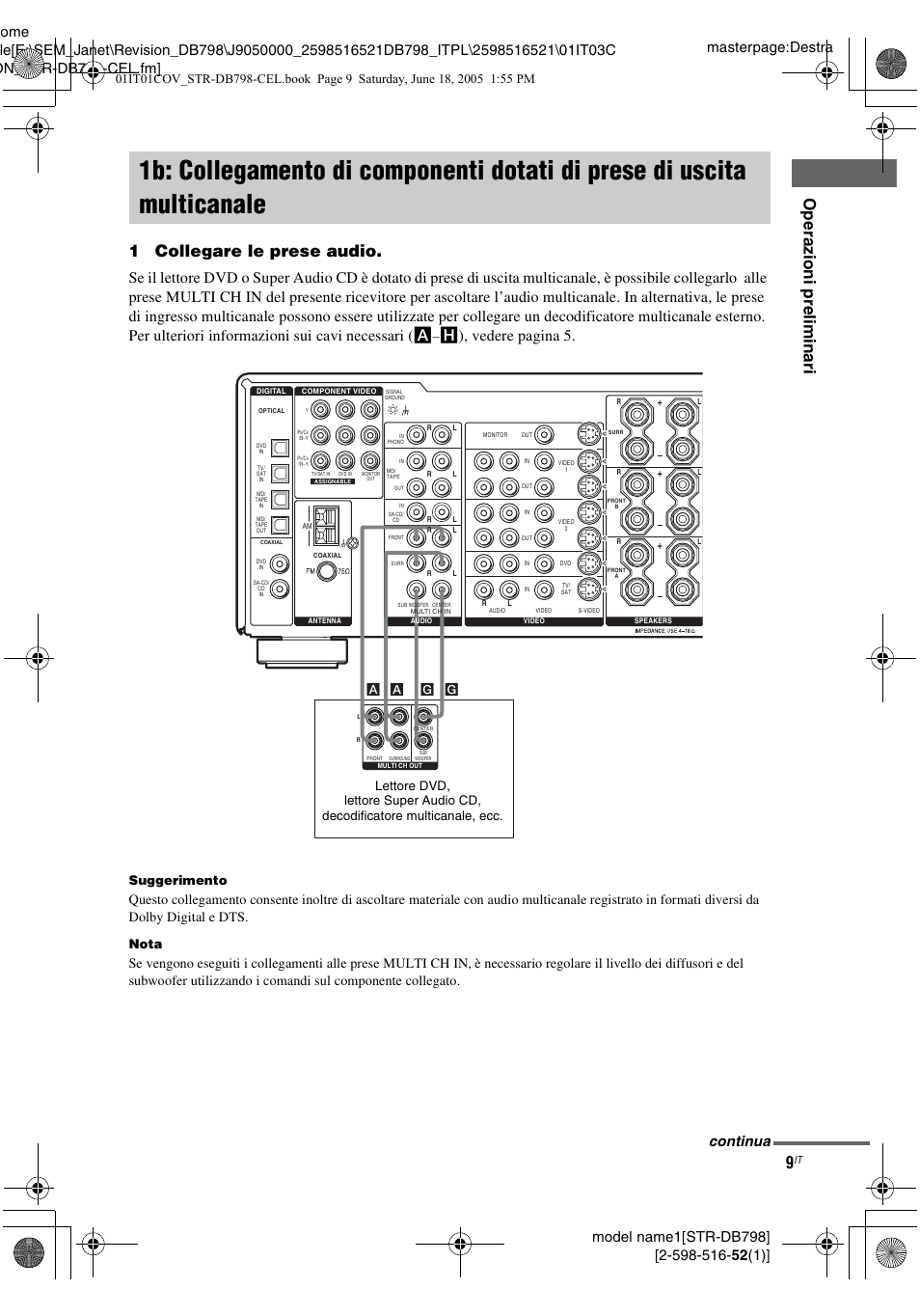 1b: collegamento di componenti, Dotati di prese di uscita multicanale, Op era z io ni pre limi n ari | 1collegare le prese audio, H), vedere pagina 5, Continua, Suggerimento, Nota, A a g g | Sony STR-DB798 User Manual | Page 9 / 144
