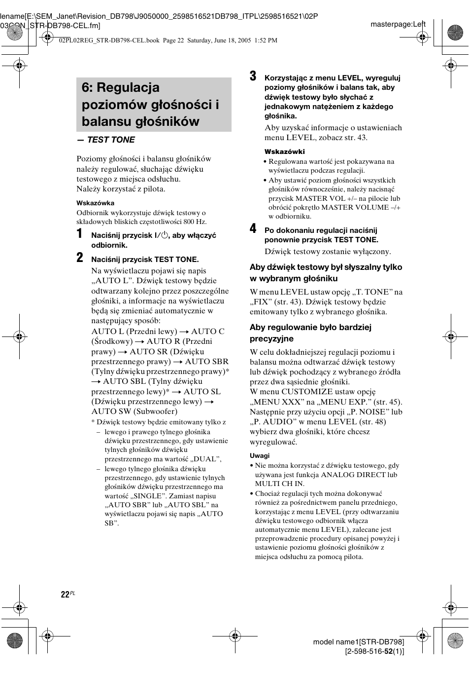 Regulacja poziomów głośności i balansu głośników, Test tone, Regulacja poziomów głośności i | Balansu głośników — test tone | Sony STR-DB798 User Manual | Page 90 / 144
