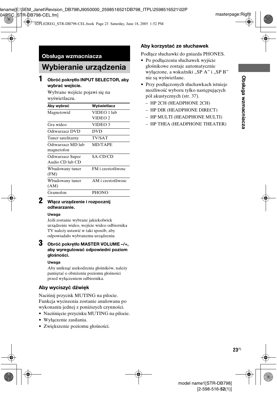 Obsługa wzmacniacza, Wybieranie urządzenia | Sony STR-DB798 User Manual | Page 91 / 144