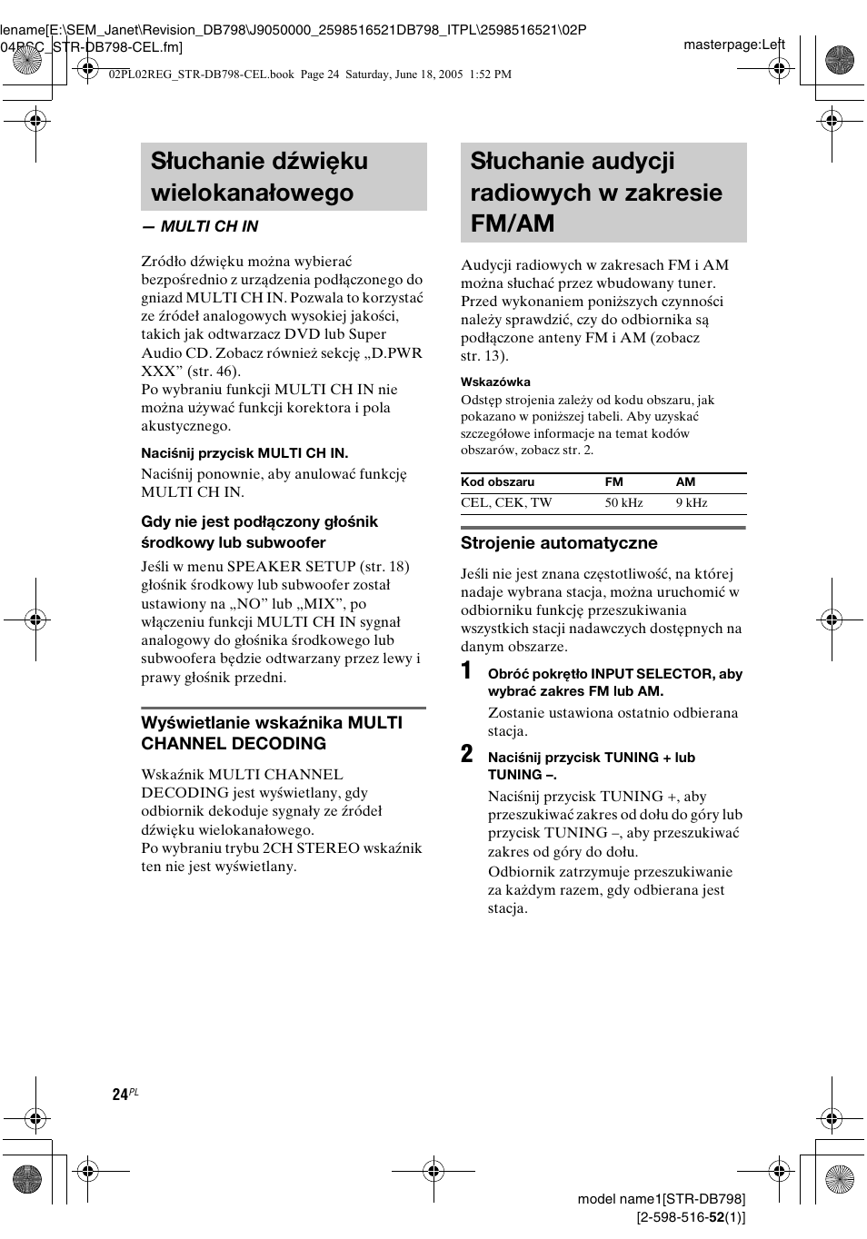 Słuchanie dźwięku wielokanałowego, Multi ch in, Słuchanie audycji radiowych w zakresie fm/am | Słuchanie dźwięku, Wielokanałowego — multi ch in, Słuchanie audycji radiowych, W zakresie fm/am | Sony STR-DB798 User Manual | Page 92 / 144