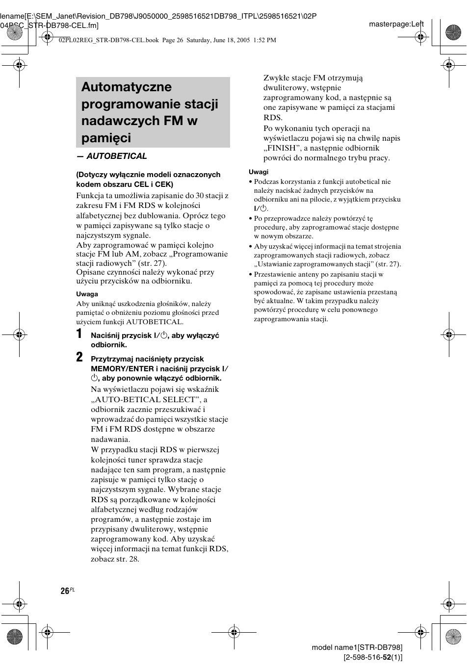 Autobetical, Automatyczne programowanie stacji | Sony STR-DB798 User Manual | Page 94 / 144