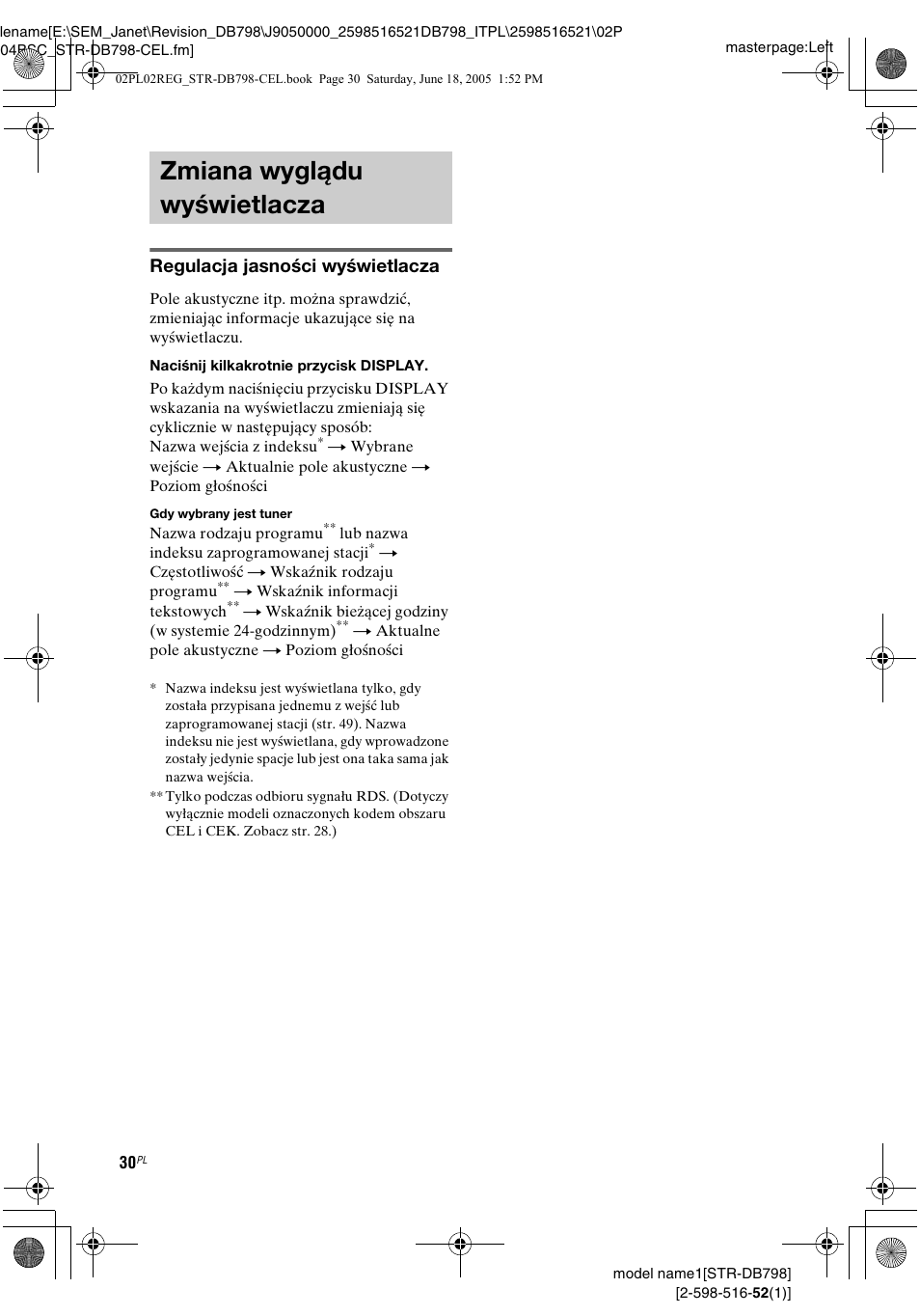 Zmiana wyglądu wyświetlacza, Regulacja jasności wyświetlacza | Sony STR-DB798 User Manual | Page 98 / 144