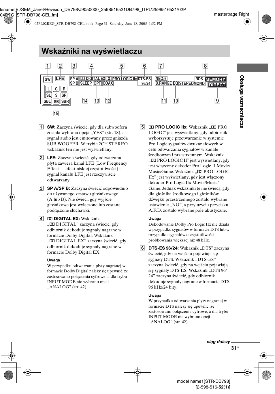 Wskaźniki na wyświetlaczu | Sony STR-DB798 User Manual | Page 99 / 144