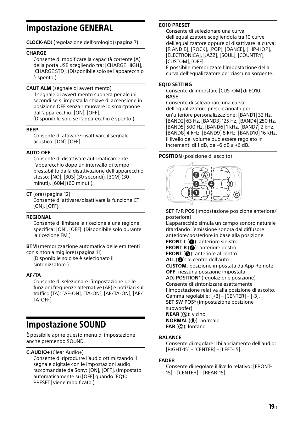 Impostazione general, Impostazione sound, Eq10 preset | Eq10 setting, Position (posizione di ascolto), Impostazione general impostazione sound | Sony XSP-N1BT User Manual | Page 105 / 148