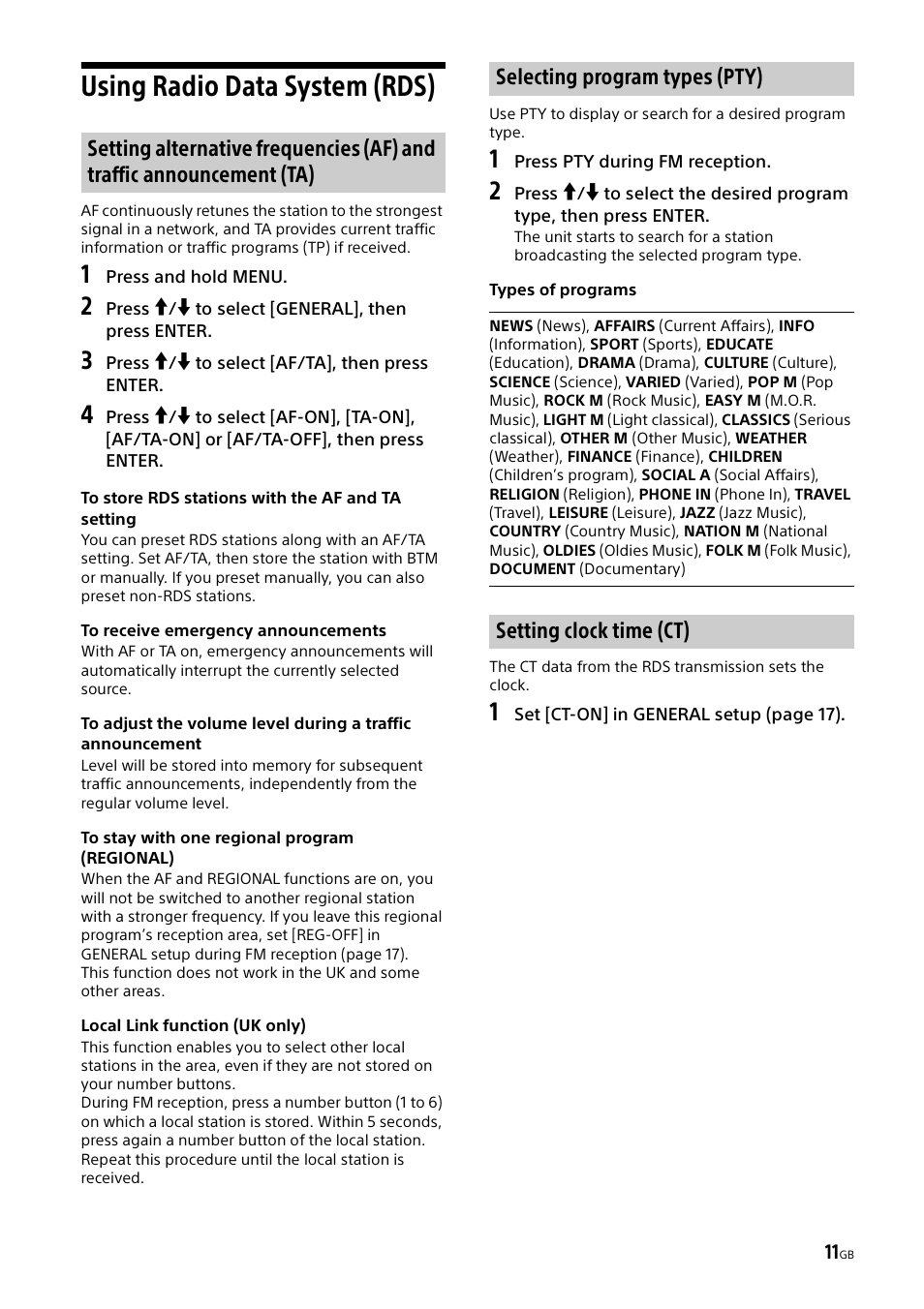 Using radio data system (rds), Setting clock time (ct) | Sony XSP-N1BT User Manual | Page 11 / 148