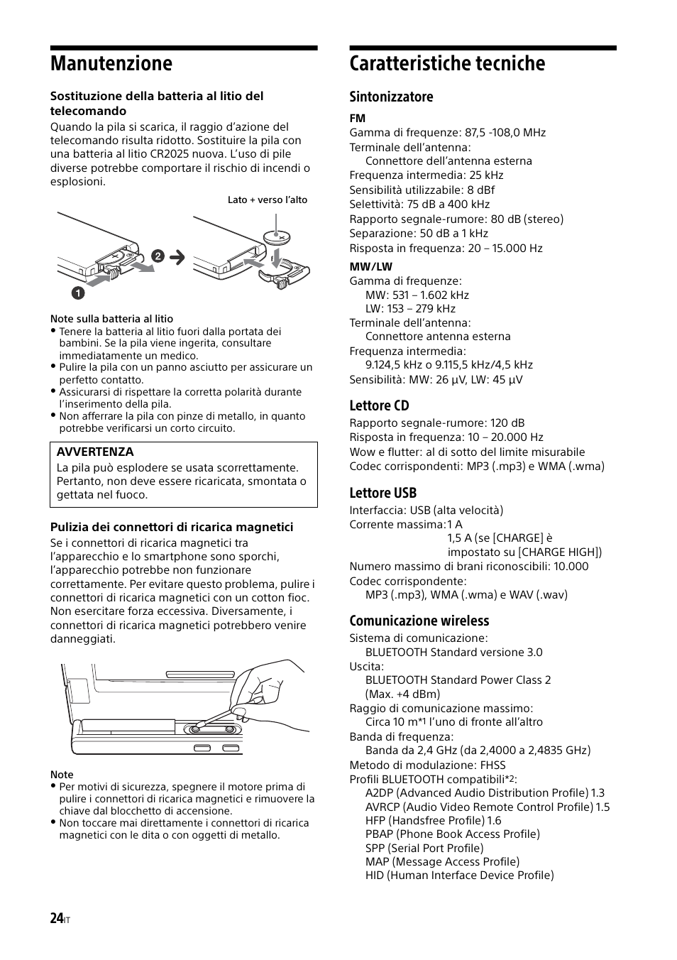 Manutenzione, Caratteristiche tecniche, Manutenzione caratteristiche tecniche | Sintonizzatore, Lettore cd, Lettore usb, Comunicazione wireless | Sony XSP-N1BT User Manual | Page 110 / 148