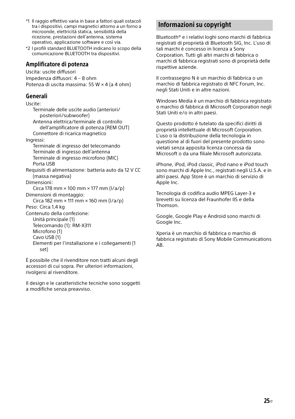 Informazioni su copyright, Amplificatore di potenza, Generali | Sony XSP-N1BT User Manual | Page 111 / 148