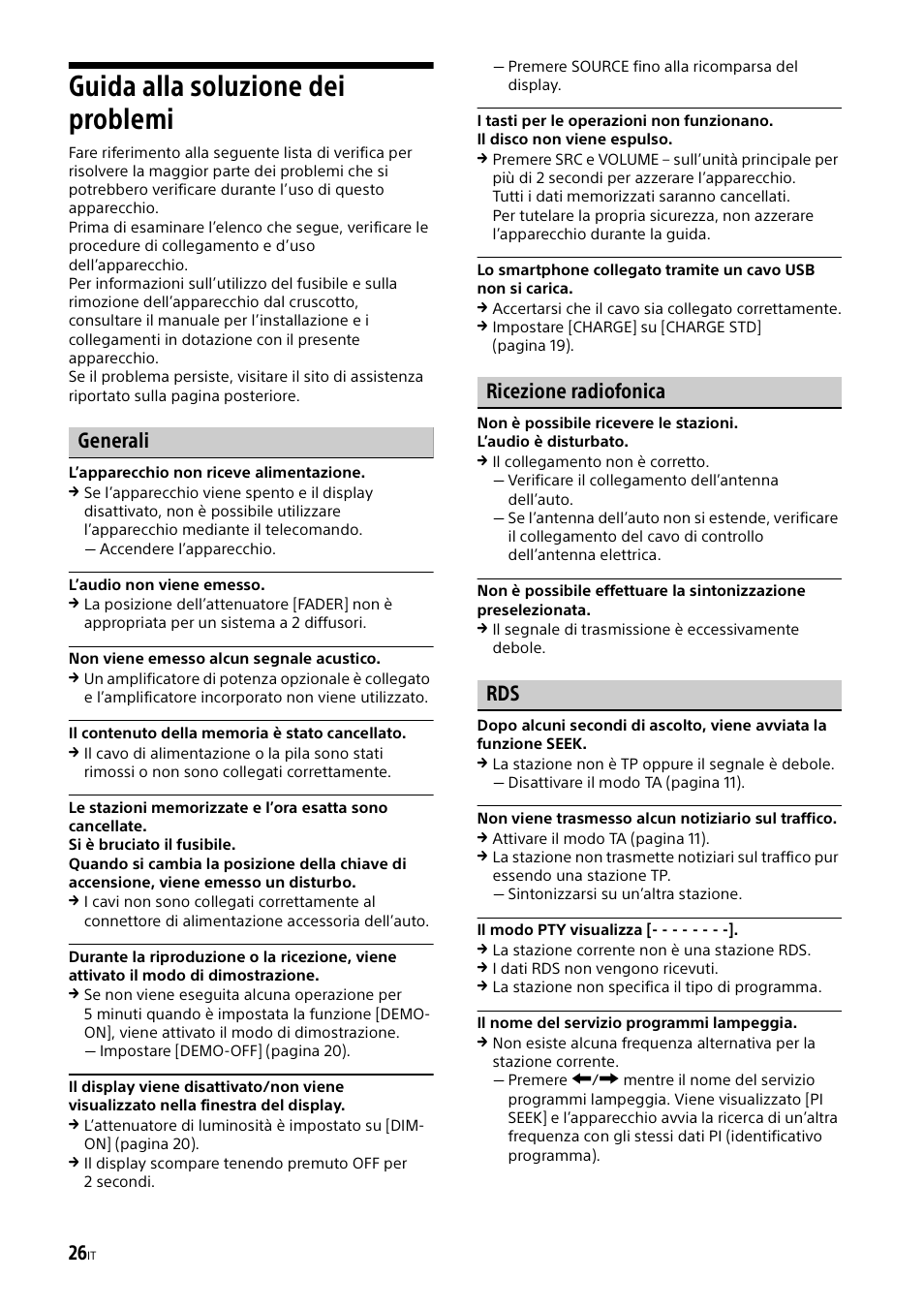 Guida alla soluzione dei problemi, Generali, Ricezione radiofonica | Sony XSP-N1BT User Manual | Page 112 / 148