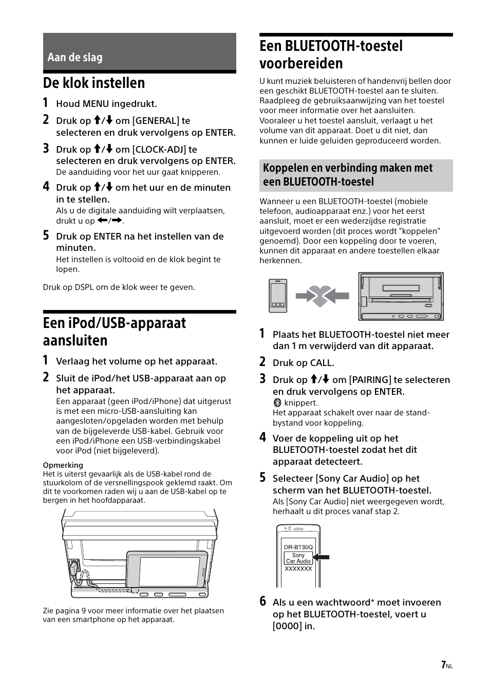 Aan de slag, De klok instellen, Een ipod/usb-apparaat aansluiten | Een bluetooth-toestel voorbereiden | Sony XSP-N1BT User Manual | Page 123 / 148