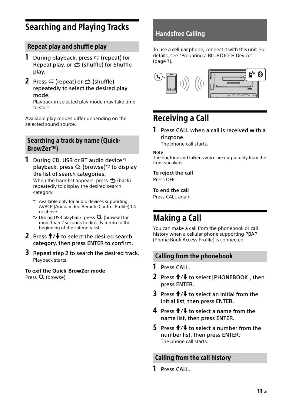 Searching and playing tracks, Handsfree calling, Receiving a call | Making a call, Receiving a call making a call | Sony XSP-N1BT User Manual | Page 13 / 148