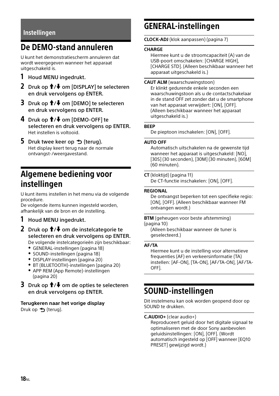 Instellingen, De demo-stand annuleren, Algemene bediening voor instellingen | General-instellingen, Sound-instellingen | Sony XSP-N1BT User Manual | Page 134 / 148