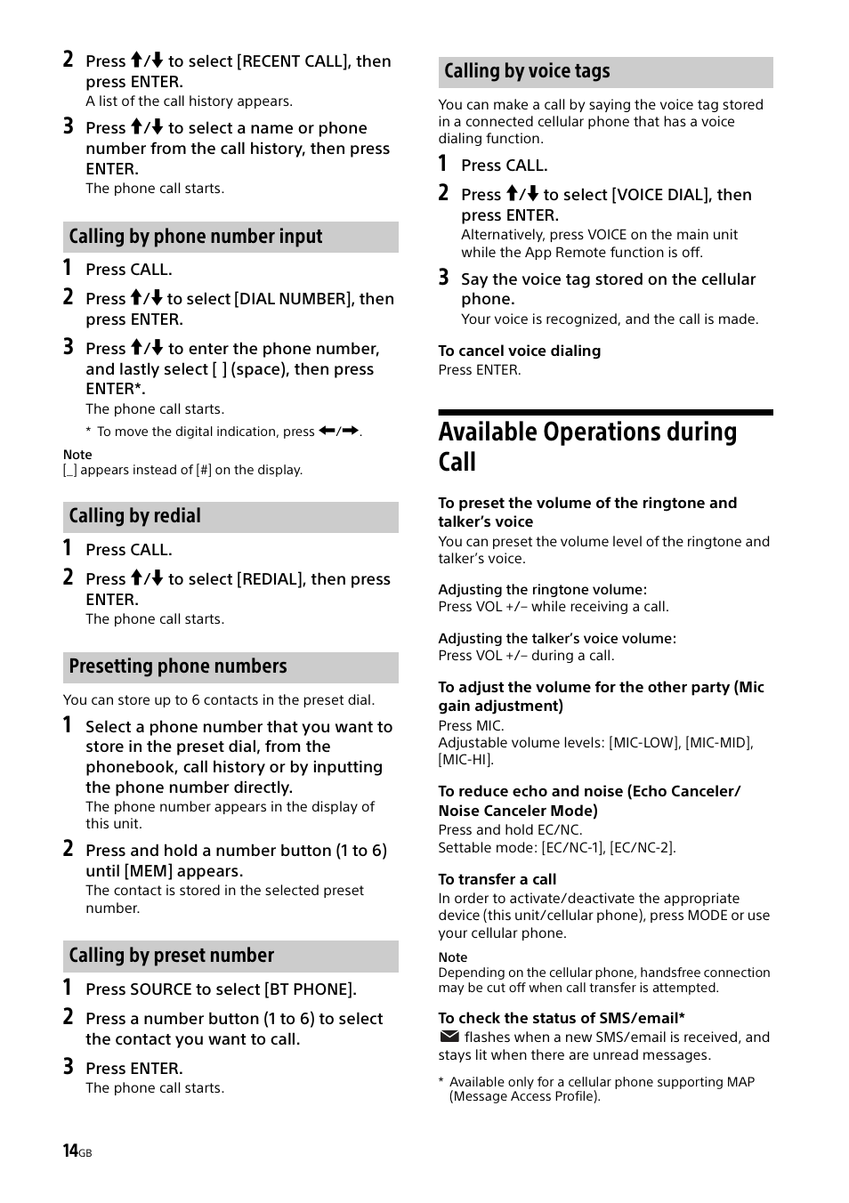 Available operations during call | Sony XSP-N1BT User Manual | Page 14 / 148