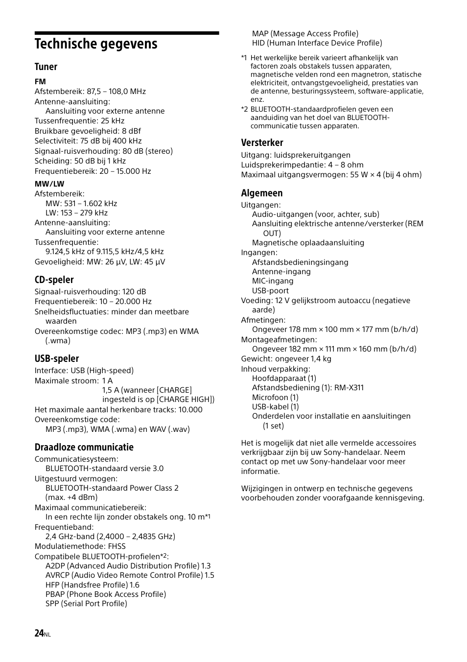 Technische gegevens, Tuner, Cd-speler | Usb-speler, Draadloze communicatie, Versterker, Algemeen | Sony XSP-N1BT User Manual | Page 140 / 148