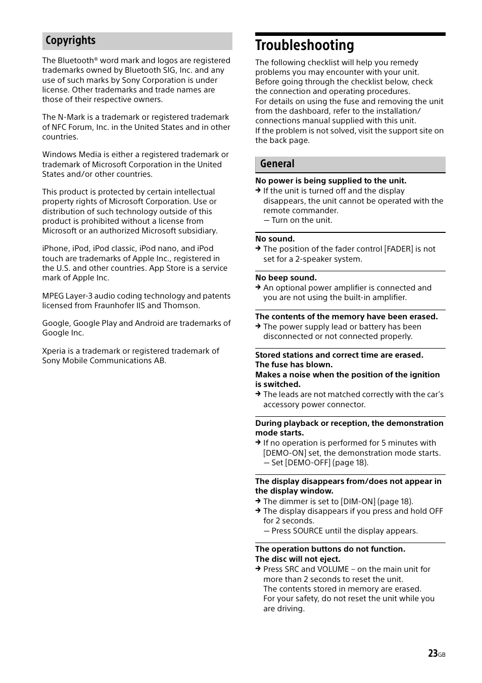 Troubleshooting, Copyrights, General | Sony XSP-N1BT User Manual | Page 23 / 148
