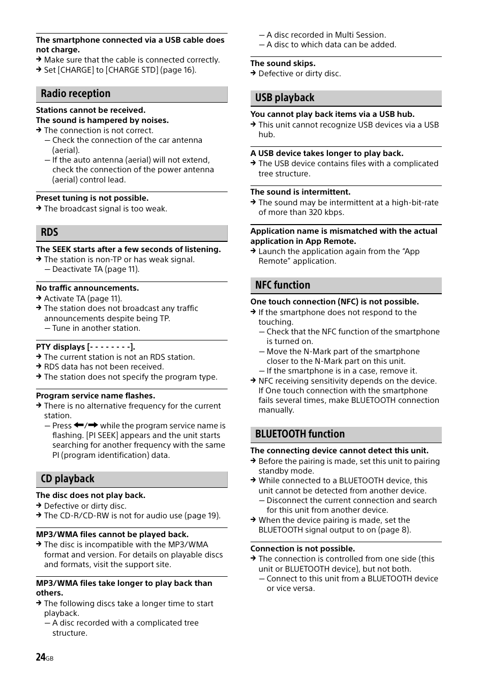 Radio reception, Cd playback, Usb playback | Nfc function, Bluetooth function | Sony XSP-N1BT User Manual | Page 24 / 148