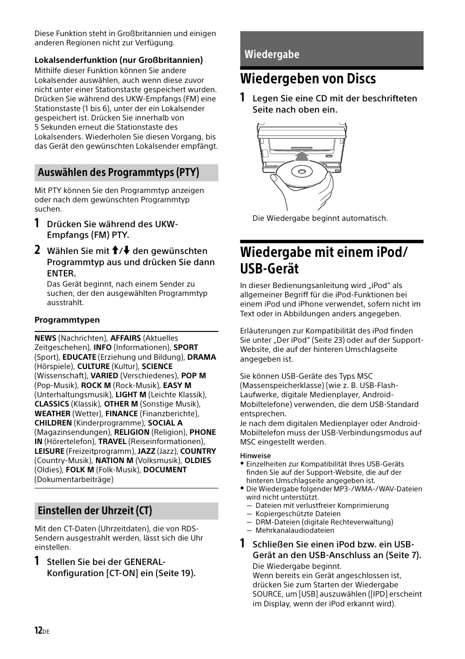 Wiedergabe, Wiedergeben von discs, Wiedergabe mit einem ipod/usb-gerät | Wiedergabe mit einem ipod/ usb-gerät, Auswählen des programmtyps (pty), Einstellen der uhrzeit (ct) wiedergabe | Sony XSP-N1BT User Manual | Page 38 / 148