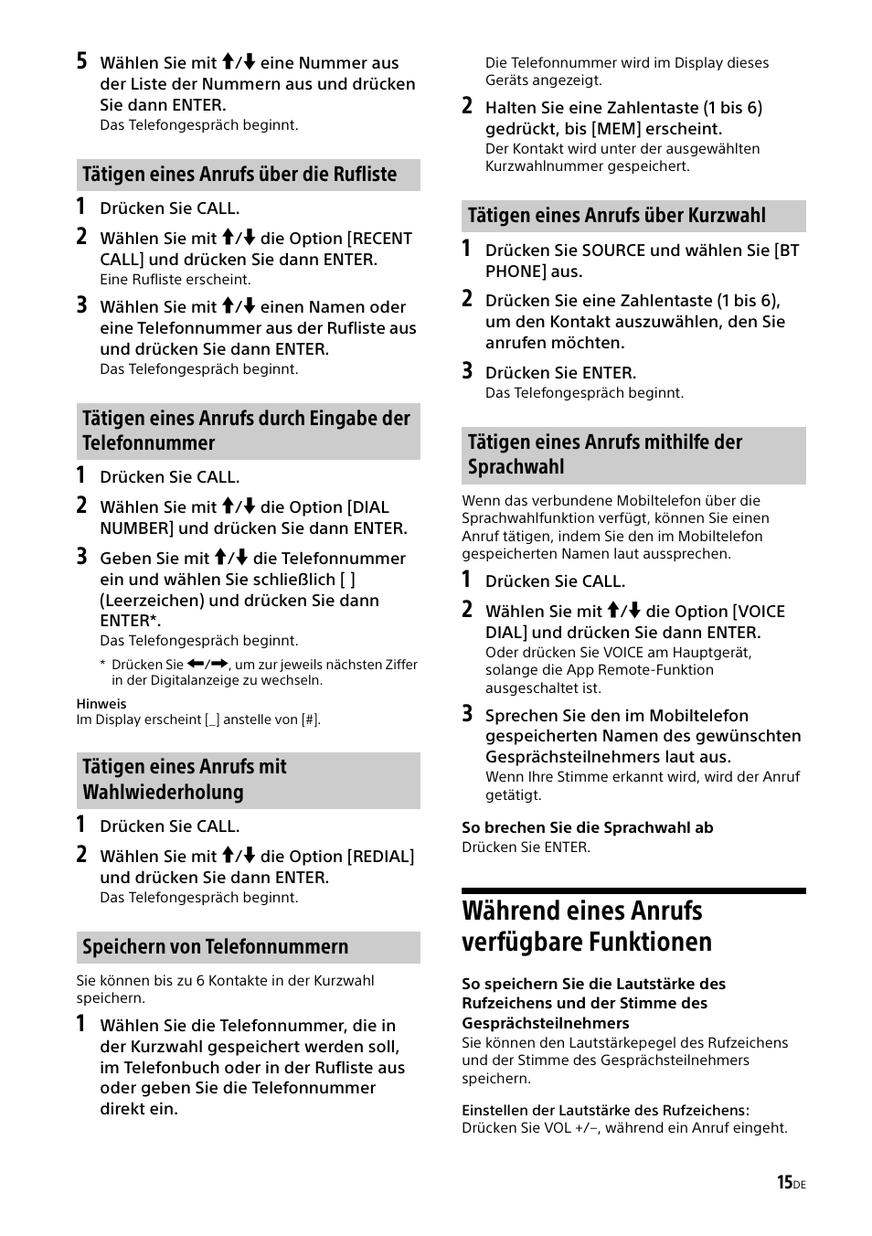 Während eines anrufs verfügbare funktionen, Während eines anrufs verfügbare, Funktionen | Seite 15 | Sony XSP-N1BT User Manual | Page 41 / 148