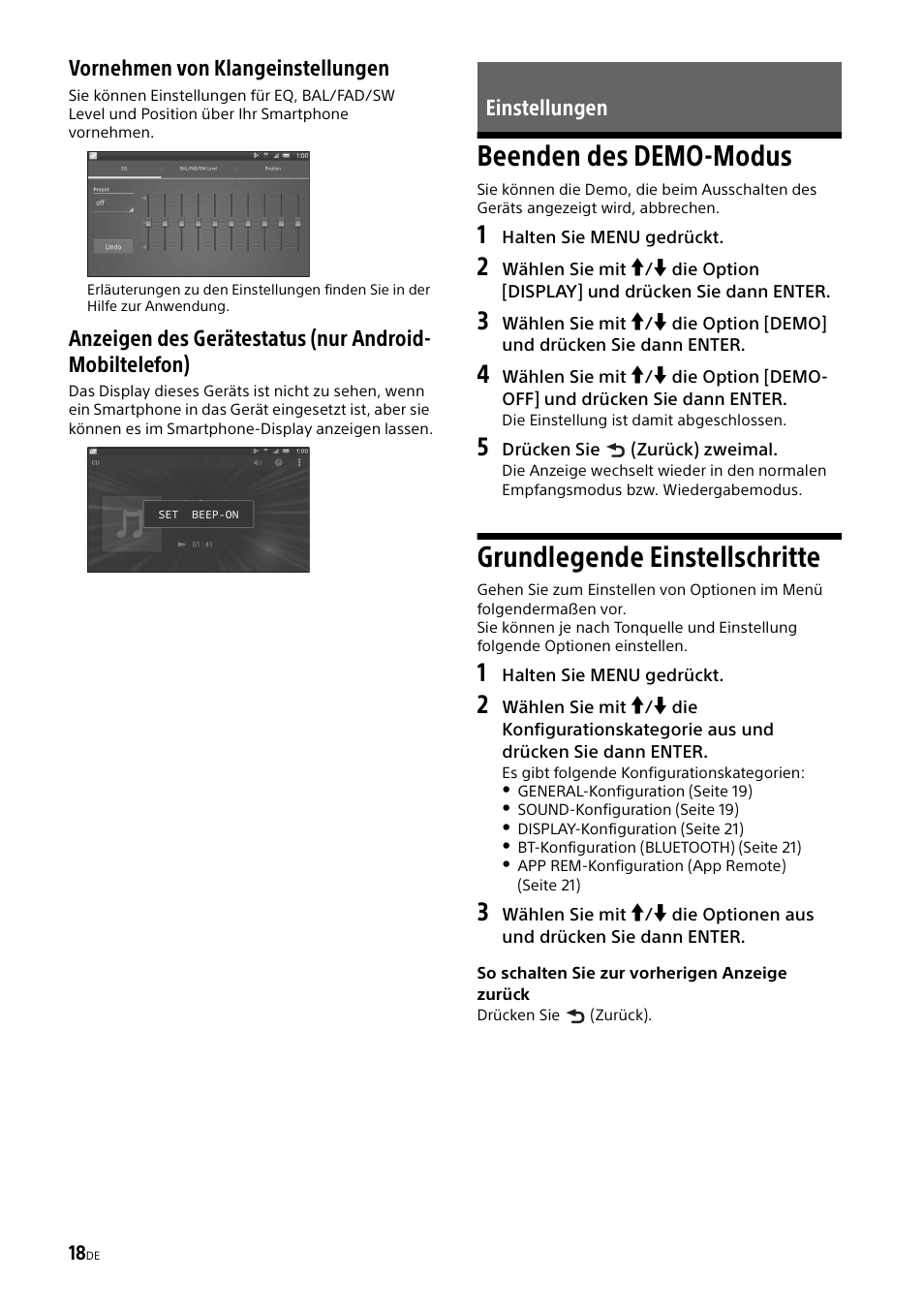 Einstellungen, Beenden des demo-modus, Grundlegende einstellschritte | Seite 18, Vornehmen von klangeinstellungen | Sony XSP-N1BT User Manual | Page 44 / 148