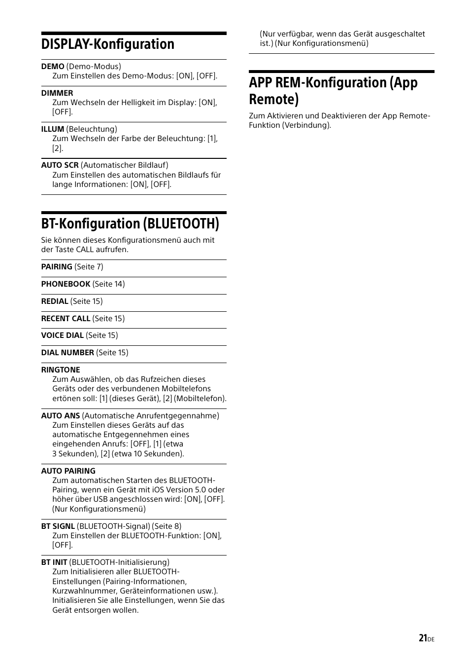 Display-konfiguration, Bt-konfiguration (bluetooth), Bt init (bluetooth-initialisierung) | App rem-konfiguration (app remote), Display-konfiguration bt-konfiguration (bluetooth), Seite 21), Seite 21 | Sony XSP-N1BT User Manual | Page 47 / 148