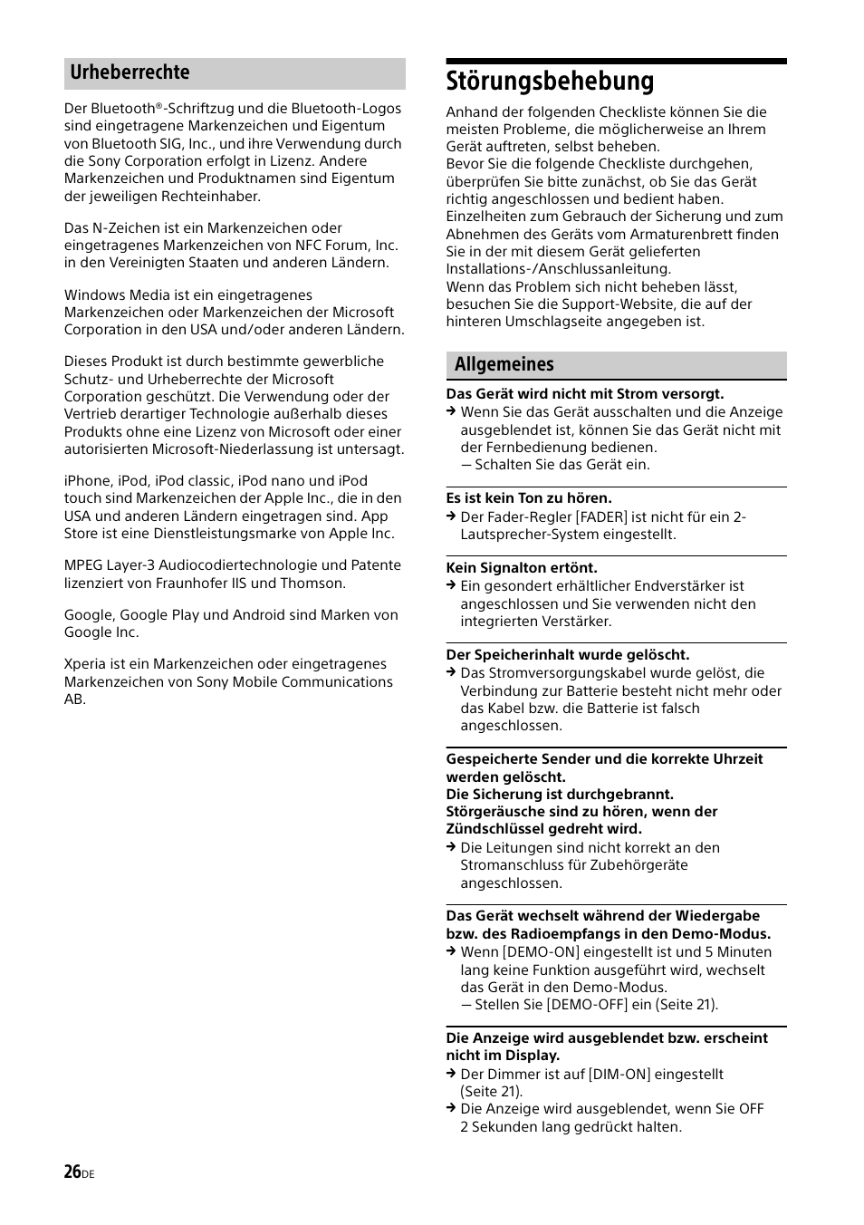 Störungsbehebung, Urheberrechte, Allgemeines | Sony XSP-N1BT User Manual | Page 52 / 148